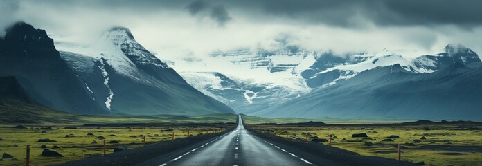 Stormy Icelandic road: Asphalt path leads to mountains under a brooding sky - obrazy, fototapety, plakaty