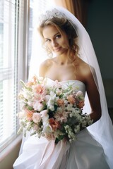 Naklejka premium The bride clutches a bouquet of newly picked flowers