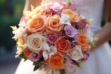 A bridal bouquet held by the bride, featuring fresh blooms