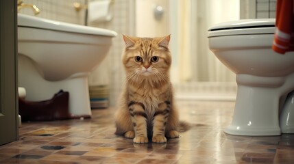 Sad domestic cat sitting on bathroom floor, looking ashamed after urinating outside the litter box. The image depicts a common pet toilet problem, with the unpleasant smell of cat urine in the air. - obrazy, fototapety, plakaty
