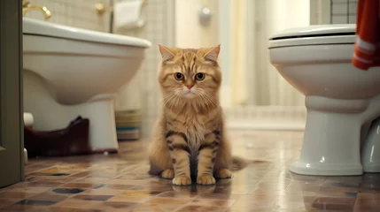 Poster Sad domestic cat sitting on bathroom floor, looking ashamed after urinating outside the litter box. The image depicts a common pet toilet problem, with the unpleasant smell of cat urine in the air. © TensorSpark