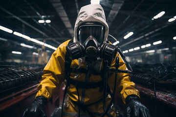 man with anti pollution mask working treating hazardous waste - obrazy, fototapety, plakaty