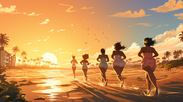 draw image of women running in the beach