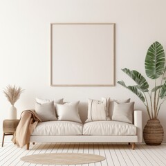 photo frame mock up in boho and minimal style living room at home, blank poster frame mockup design