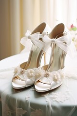 The bride's shoes, which are a set of pristine wedding heels