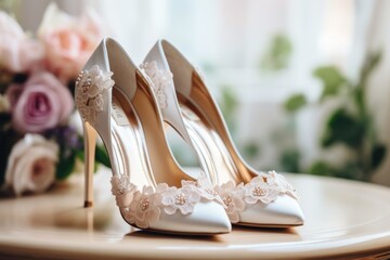 A pair of white wedding footwear for the bride - obrazy, fototapety, plakaty