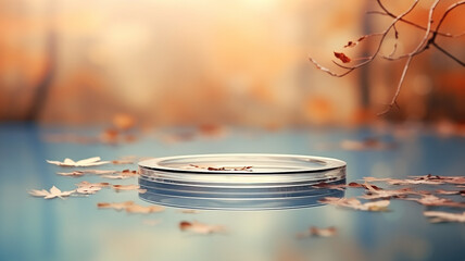 Obraz premium eco podium water transparent autumn leaves in a puddle in the park are falling.