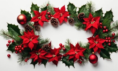 Fototapeta na wymiar Christmas decoration. Frame of flowers of red poinsettia, branch christmas tree, ball, red berry on a white background with space for text. Top view, flat, Generative AI