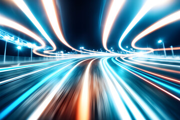 Blurred neon lights background. Futuristic race track lights in motion blur style. Futuristic night backdrop.
