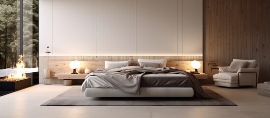 Cozy gray couch in a comfortable bedroom with white wooden walls and a big soft bed next to a burning floor lamp