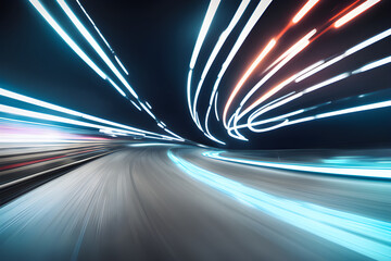 Blurred neon lights background. Futuristic race track lights in motion blur style. Futuristic night backdrop. - obrazy, fototapety, plakaty