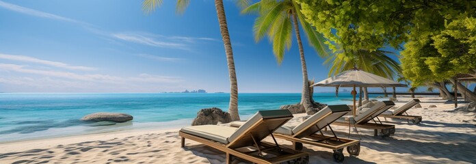 Summers beauty: Lounge chairs, palm trees, tranquil sea   a beachfront escape