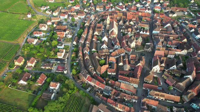 Aerial view of the beautiful French Village of Eguisheim in Alsace France
