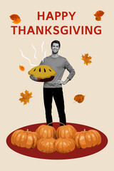 Vertical collage picture of cheerful black white colors guy arm hold hot baked pumpkin pie happy...