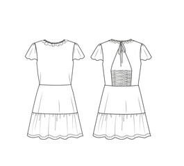 women frilly collar,frilly sleeve,back piping tie,back drawstring,mini dress technical drawing vector,fashion vector,cad