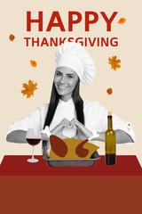 Vertical collage of black white effect girl chef cook arms show heart symbol baked turkey wine...