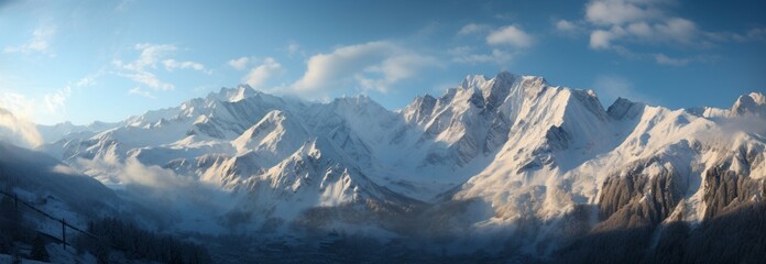 Fototapeta na wymiar Winters embrace: snow draped mountain landscape, a serene and icy wonderland