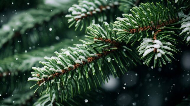 close up on snow-covered fir tree green branches and snowfall flakes, Christmas banner background