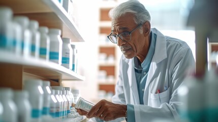 A seasoned male pharmacist expertly preparing medications in a tranquil store, radiates confidence and experience in every gesture.