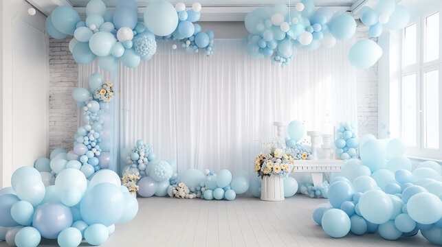 the studio is decorated with balloons blue holiday.