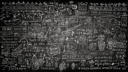 abstract mathematical physical formulas and calculations are written in chalk on a blackboard, texture overlay layer. - obrazy, fototapety, plakaty