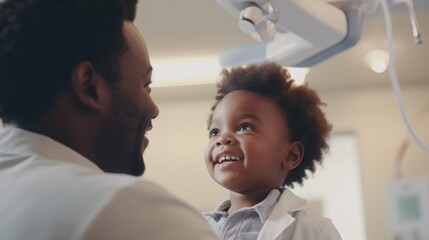 An afro male doctor in medical attire is chatting and playing with a child patient in a horizontal portrait.