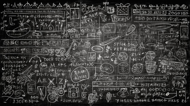 abstract mathematical physical formulas and calculations are written in chalk on a blackboard, texture overlay layer.