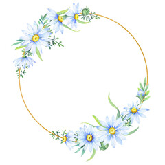 watercolor wreath with chamomile flowers. Floral round border of daisies.  