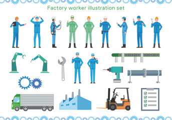 工場と作業員のイラストセット