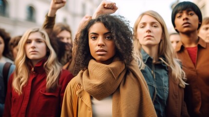 Obraz premium Youthful protesters standing united in a city demonstration.