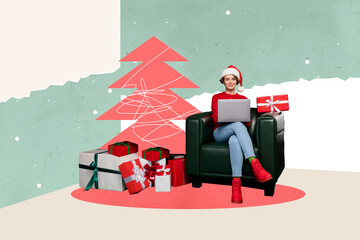 Creative abstract template collage of woman sitting armchair netbook internet connection new year...