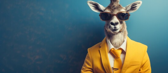 Animal goat portraits, Cool business animal in sunglasses and suit. With copy text space, wide screen. Simple background, Generative AI