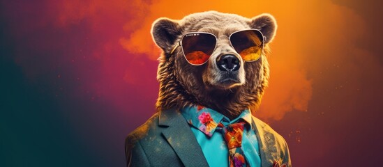 Animal bear portraits, Cool business animal in sunglasses and suit. With copy text space, wide screen. Simple background, Generative AI - obrazy, fototapety, plakaty
