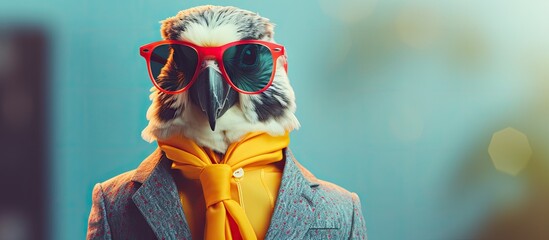 Animal bird portraits, Cool business animal in sunglasses and suit. With copy text space, wide screen. Simple background, Generative AI