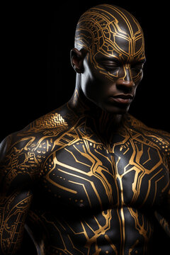 black man in studio photo with gold paint making drawings on his body