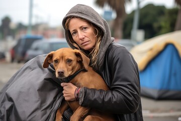 homeless woman with a dog standing near tents in the street