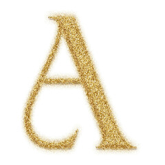 Gold glitter alphabet letters from A to Z, isolated on transparent background, uppercase. This is a part of a set which also includes numbers and symbols