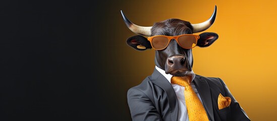 Animal bull portraits, Cool business animal in sunglasses and suit. With copy text space, wide screen. Simple background, Generative AI