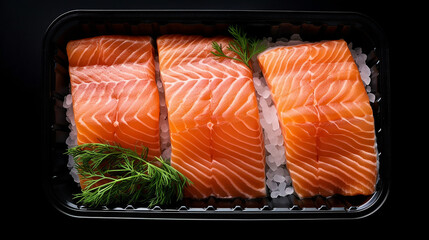 salmon in a plastic container on a black background.