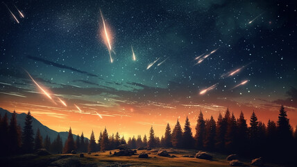 landscape meteor shower in the starry sky. - obrazy, fototapety, plakaty