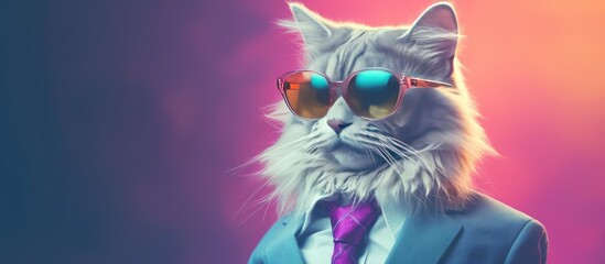 Fototapeta premium Animal cat portraits, Cool business animal in sunglasses and suit. With copy text space, wide screen. Simple background, Generative AI