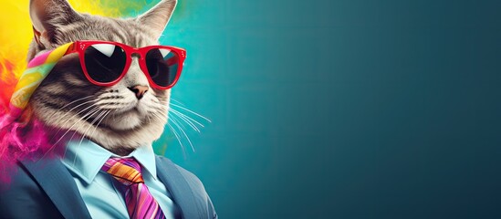 Animal cat portraits, Cool business animal in sunglasses and suit. With copy text space, wide screen. Simple background, Generative AI - obrazy, fototapety, plakaty