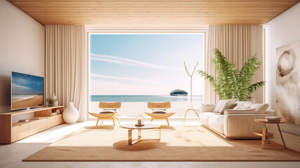 bright interior of a livingroom with a large window and a view of the sea and the beach.