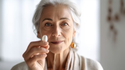 Older woman indoors with medication.