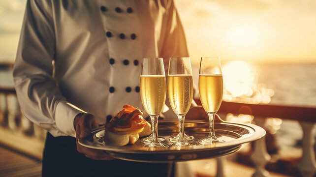 waiter beach summer cocktail glasses on a tray sun sparkling.