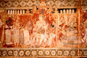 Mural painting on ceiling , Veerbhadra temple.  Shiva Parvathi's marriage. Lepakshi , Andhra...