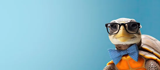 Foto op Aluminium Animal turtle portraits, Cool business animal in sunglasses and suit. With copy text space, wide screen. Simple background, Generative AI © dm