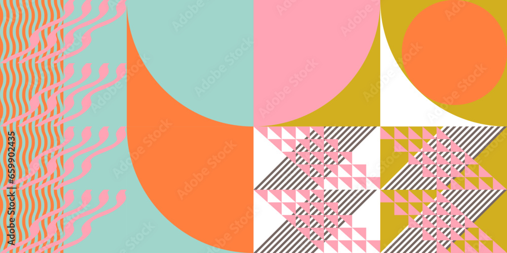 Fototapete Modern abstract geometric  vector seamless pattern with simple elements and shapes like circle, square and triangle. Graphic pastel colored minimalist background.