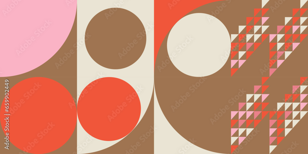 Poster Modern abstract geometric  vector seamless pattern with simple elements and shapes like circle, square and triangle. Graphic pastel colored minimalist background.