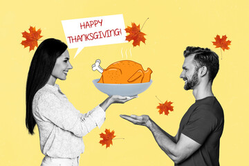 Artwork collage of two black white colors people hold give roasted turkey bowl happy thanksgiving dialogue bubble isolated on beige background